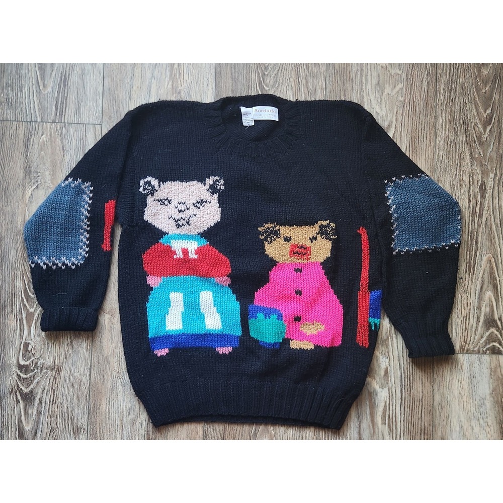 Vintage Bordado Hand Knitted Wool Sweater M Peru Teddy Bear Arpillera Kidcore